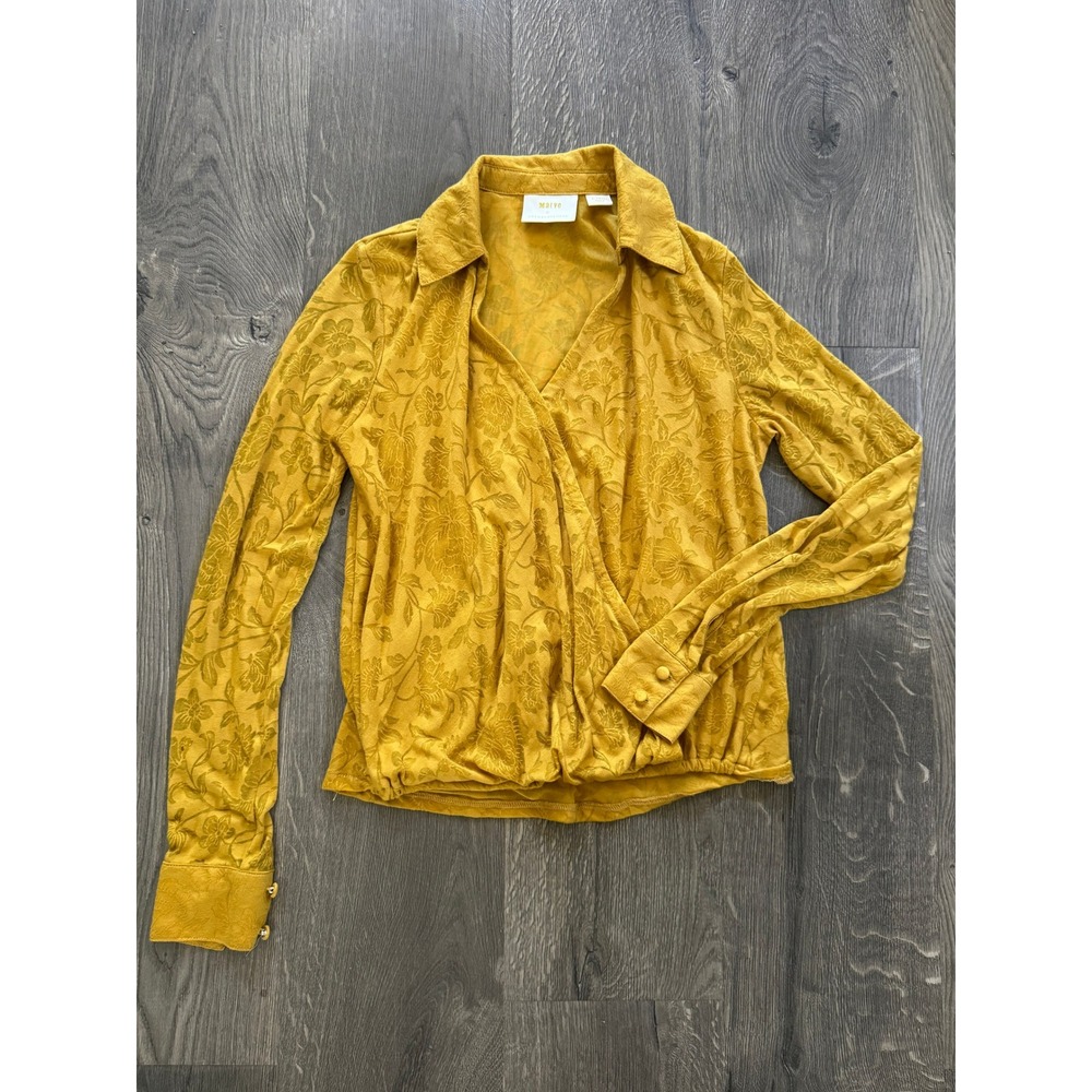 Maeve Anthropologie Floral Burnout Wrap Top XS Mustard Yellow Long Sleeve Blouse
